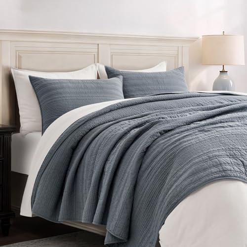 EVERGRACEHOME 100% Cotton Modern Lines Quilt Set King Size, Smoky Blue - color: Smoky Blue, size: King (108" X 92")
