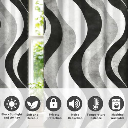 Modern Blackout Curtains 63 Inch Length 2 Panel Set,Black White Gray Wave Striped Abstract Curtains for Bedroom Living Room,Room Darkening Window Drapes with Grommet - color: 02 Black, size: 52"W x 63"L (Pack of 2)