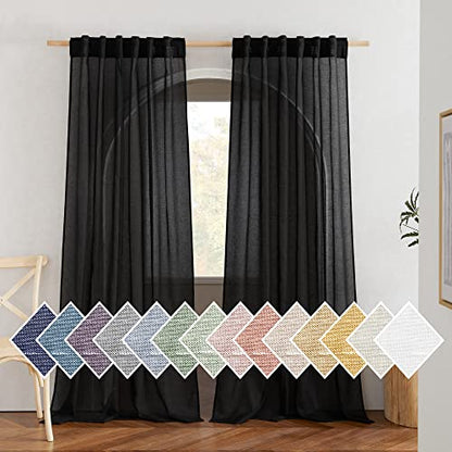 NICETOWN Black Curtains Semi Sheer Linen Texture, Rod Pocket & Back Tab Sheer Linen Blend Window Drapes Aesthetic Privacy with Light Through for Boys Bedroom/Living Room, W52 x L84, 2 Pieces - color: Black, size: 52"W x 84"L (Pack of 2)