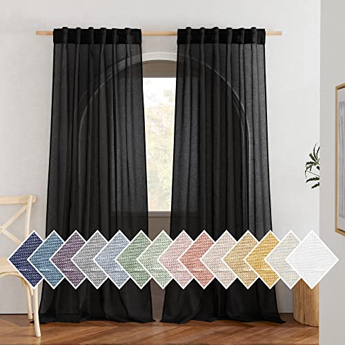 NICETOWN Black Curtains Semi Sheer Linen Texture, Rod Pocket & Back Tab Sheer Linen Blend Window Drapes Aesthetic Privacy with Light Through for Boys Bedroom/Living Room, W52 x L84, 2 Pieces - color: Black, size: 52"W x 84"L (Pack of 2)