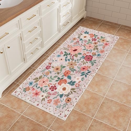 DUKINO 2x4 Entryway Rug, Floral Washable Kitchen Rugs Non Slip, Beige - color: Beige, size: 2' x 4' (Rectangular)