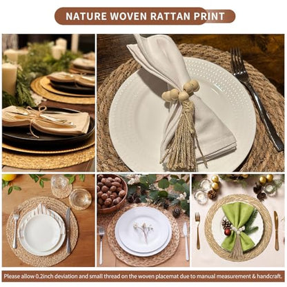 Woven Placemats Set of 6, 13.8 Inch Round Natural Water Hyacinth Rattan Placemats with Wooden Beads Napkin Rings for Farmhouse Dining Table Decor, Thanksgiving Halloween Christmas