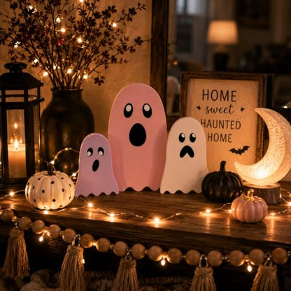 3 Pack Pink Halloween Ghost Decor, Wooden Tabletop Decorations for Home