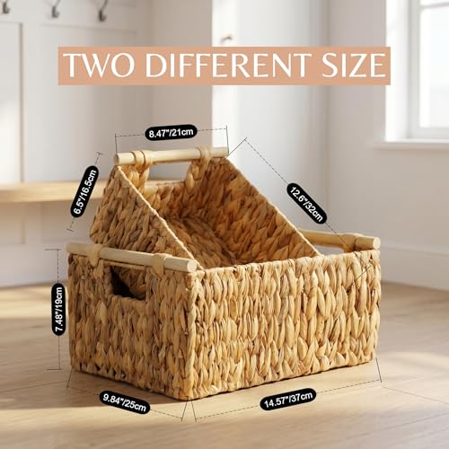 Water Hyacinth Storage Baskets, Wicker Shelf Baskets with Wooden Handle