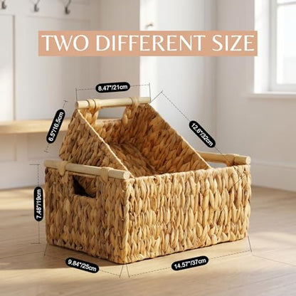 Water Hyacinth Storage Baskets, Wicker Shelf Baskets with Wooden Handle