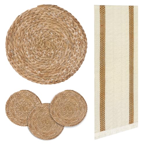 Round Woven Placemats Set of 4, with 72 Inches Long Farmhouse Macrame Table Runner Burlap Cotton Linen Table Runners Chargers for Dinner Plates, Beige & Brown - color: Beige & Brown, size: 12 x 72 Inches, 4Pcs Round