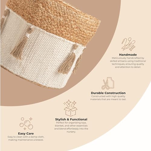 Crane Baby Fabric Round Nursery Storage Basket, Cotton & Jute , 13" x 12" - size: 13 x 12 Inches, style: Jute