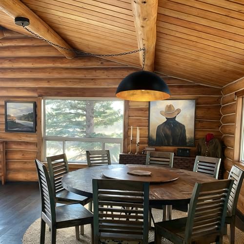 23.6 Inch Large Dome Pendant Light- Black and Gold Pendant Light with Gold Leaf Interior, Farmhouse Industrial Chandelier for Long Dining Table, Bar, Cafe - size: 23.6" Dome