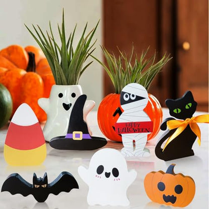 Cute Halloween Decorations Indoor: 7PCS Wooden Tiered Tray Decor Table Sign - Pumpkin Ghost Bat Black Cat Mummy Witch Hat Candy Corn Freestanding Signs for Party Home Mantel Shelf Display - style: Cute