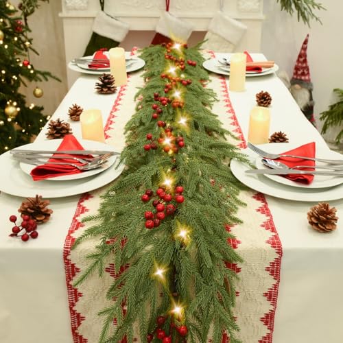 YoleShy 6FT Norfolk Pine Garland Christmas Garland with Lights Red Berry - color: Red Berry