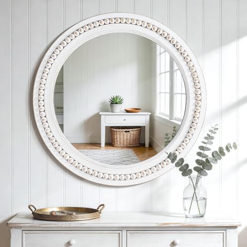 27 Inch Round Wood Beaded Wall Mirror, Farmhouse Circle Mirror - color: White