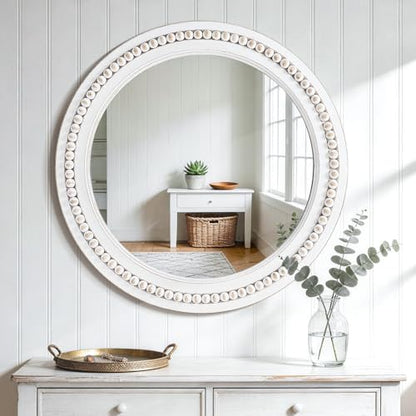 27 Inch Round Wood Beaded Wall Mirror, Farmhouse Circle Mirror - color: White
