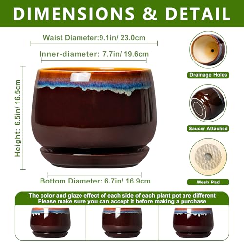 9 Inch Flower Pots - Ceramic Planter with Drainage Hole and Saucer, Decorative Ceramic Pots for Indoor Plants, Round Plant Pot, Garden Home Living Room Decor, Housewarming Gifts, Brown-Blue - size: 9 Inch, style: Brown-blue