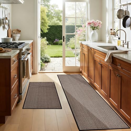 AIMPEAK Kitchen Rugs Non Slip Washable Set of 2 PCS, Cushioned Rugs for Kitchen Floor, Absorbent Runner Rug Comfort Mats with Rubber Backing for Hallway, Office, Home Brown and Black, 24"x36"+24"x60" - color: Brown&black, size: 24"x36"-24"x60"