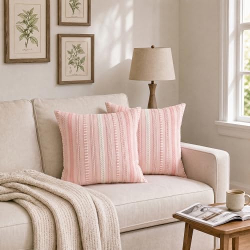 AVOIN colorlife Pink Boho Decorative Throw Pillow Covers Set of 2, 20 x 20 Inch Woven Stripe Textured Rustic Cushion Case Home Decor for Living Room Couch Sofa - color: Pink, size: 20" x 20" (Pack of 2)