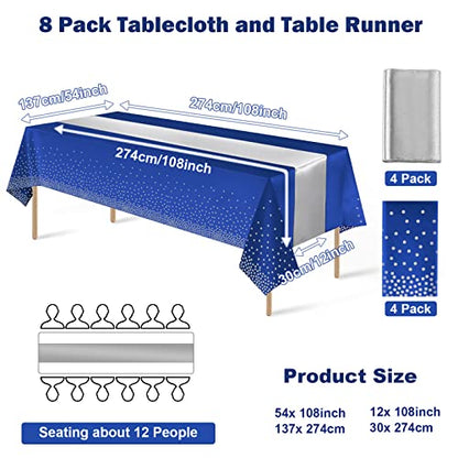 8Pack Disposable Plastic Tablecloths and Satin Table Runner Set Blue and Silver Dot Tablecloth Silver Satin Table Runner for Wedding Birthday Baby Shower Anniversary Christmas New Year Party Supplies - color: Blue and Silver, size: 8 Pack