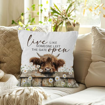 Highland Cow Throw Pillow Covers 18x18,Farmhouse Western Animal Cows Pillow Covers for Home Bedroom Couch, Live Like Someone Left the Gate Open, Highland Cow Gifts - color: 0-highland Cow-4