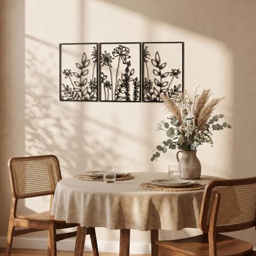 Afcabakila 3 Pcs Black Metal Wall Art Minimalist Wall Decor Modern Minimalist Floral Single Line Living Room Wall Decor Metal Boho Flower for Bedroom Kitchen Bathroom 16.5x11.8 Inch