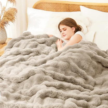 L'AGRATY Faux Rabbit Fur Throw Blanket for Couch, 90'' x 108'', Castle Grey - color: Castle Grey, size: 90" x 108"