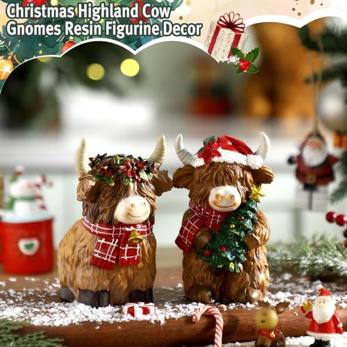 2 Pack Christmas Highland Cow Figurines Decor, Resin Table Decor - style: Christmas