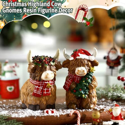 2 Pack Christmas Highland Cow Figurines Decor, Resin Table Decor - style: Christmas