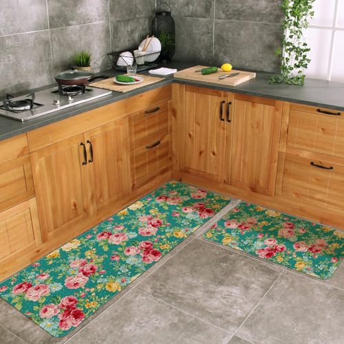 Boho Floral Kitchen Mats Set of 2 Non Slip Farmhouse Flowers Kitchen Rugs Bohemia Home Decor Low-Profile Washable Floor Mat 17x47 Inch and 17x29 Inch - color: Boho Kitchen Mat-05, size: 17x47 inch and 17x29 inch