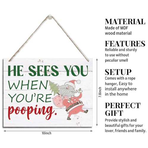 Funny Christmas Decor, Bathroom Decor, Rustic Hanging Wood Plaque Sign, Xmas Santa Signs, Farmhouse Bathroom Wall Art, Funny Xmas Decoration, He Sees You When You're Pooping Signs - color: Style 10