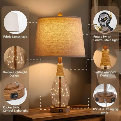 OYEARS 2 in 1 Bedside Table Lamps Set of 2, Farmhouse Glass Lamp, Wood-Like - color: Wood-Like