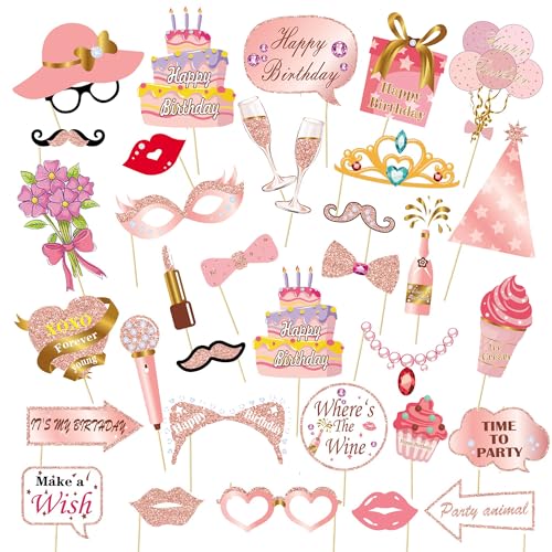 33PCS Glitter Birthday Photo Booth Props, LMSHOWOWO Rose Gold Party Photobooth Props Fun Selfie Props with Lips, Crowns, Flowers, Lipsticks for All Ages Girls Women Birthday Decorations