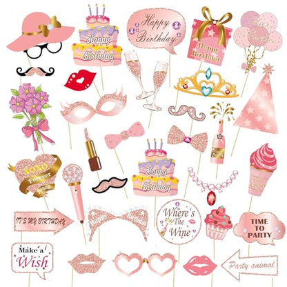 33PCS Glitter Birthday Photo Booth Props, LMSHOWOWO Rose Gold Party Photobooth Props Fun Selfie Props with Lips, Crowns, Flowers, Lipsticks for All Ages Girls Women Birthday Decorations