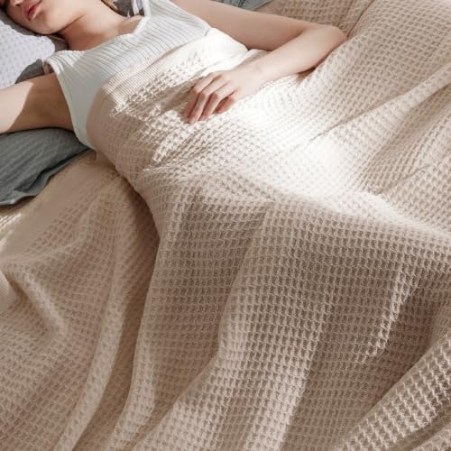 Bedsure 100% Cotton Big Oversized King Blanket, Waffle Weave, Beige - color: 02 Beige, size: Oversized King (120" X 94")