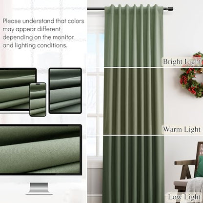 Linen 100% Blackout Curtains 86 Inches Long 2 Panels Set Linen Back Tab Hook Belt Elegant Country Farmhouse Black Out Thermal Insulated Soundproof Room Darkening Living Room Bedroom Nursery 52x86 - color: Olive Green, size: 52"W x 86"L (Pack of 2)