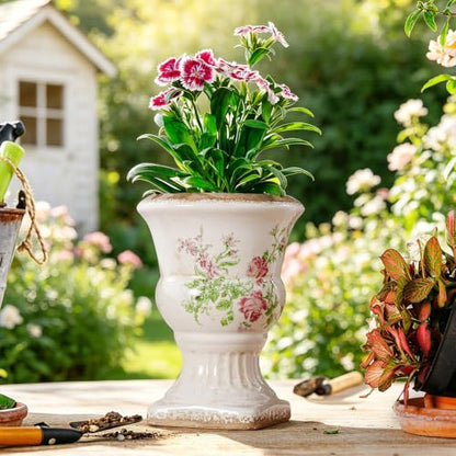 Sungmor Small Ceramic Urn Planter - Pink Floral Pedestal Flower Pot - color: Pink