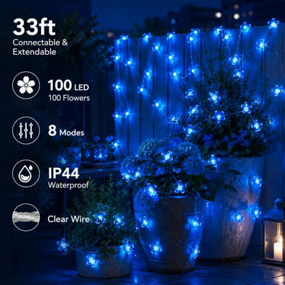 Plug in Blue Flower String Lights, 33ft 100 LED Cherry Blossom Fairy Lights - color: Blue