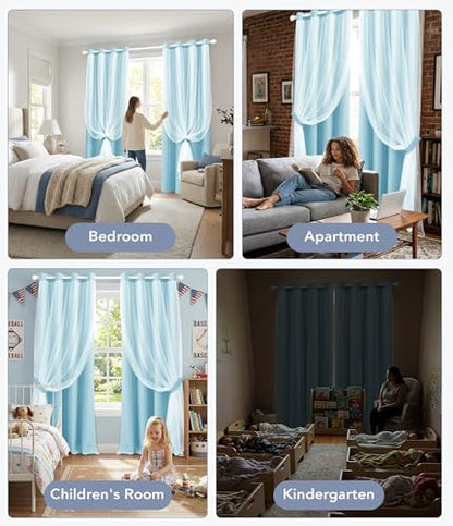 100% Blackout Curtains with Sheer Overlay, Blue, 52 x 63 inch, 2 Panels - color: Light Blue, size: 52"W x 63"L (Pack of 2)