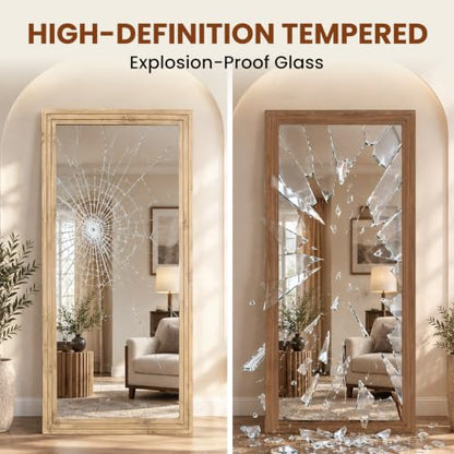 81x41in Full Length Mirror, 3-Tier Stepped Wood Frame, Light Brown - color: Light Brown, size: 81"L x 41"W