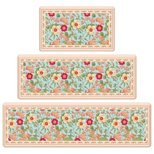 3 PCS Vintage Floral Kitchen Mats, Anti-Fatigue Floor Rugs, Blue - color: Blue, size: 18''x30''+18"x48"+18"x60"