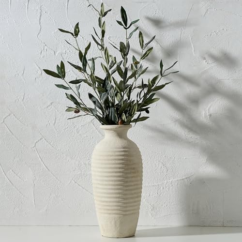 Vaseking Ceramic Natural Rustic Vase, 14.4 Inch Large Vintage Flower Threaded Decorative Farmhouse Tall Vase for Home Decor, Living Room, Shelf Decor, Wedding, Housewarming Gift, Off-White - color: Off-white