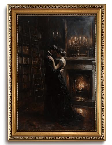 LHHJDIO Vintage Gold Framed Wall Art Dark Academia Couple Canvas Wall Art Gothic Library Couple Scene Pictures Wall Decor Elegant Moody Art Prints for Living Room Bedroom Study - color: Dark-2, size: 24"L x 16"W