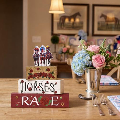 Smile Horses and Races Wooden Block Decor Jockey HORSES RACES Rose Tiered Tray Tabletop Signs for Horse Racing Party Decorations - style: Jockey