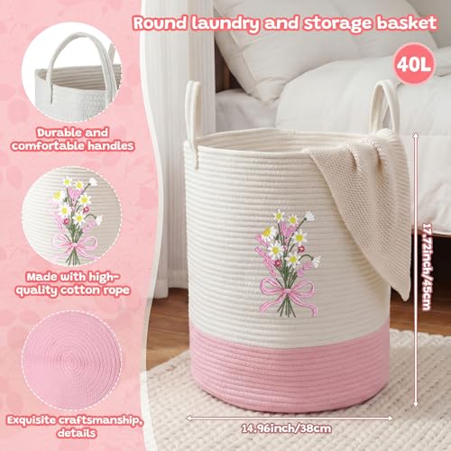 Honeydak Pink Bow Cotton Rope Laundry Basket Hamper, Flower - style: Flower