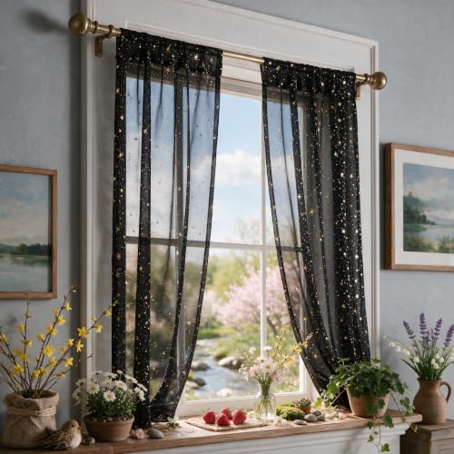 Horaldaily 2Pcs Black Sheer Curtains 52x63in, Gold Sequin Star, Halloween - color: Black and Gold, size: 52"W x 63"L (Pack of 2)
