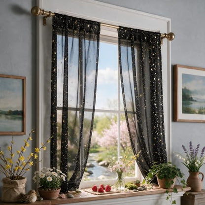 Horaldaily 2Pcs Black Sheer Curtains 52x63in, Gold Sequin Star, Halloween - color: Black and Gold, size: 52"W x 63"L (Pack of 2)