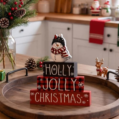 Smile 4 Pcs Wooden Christmas Block Signs, Holly Jolly Snowman Decor - style: Holly Jolly