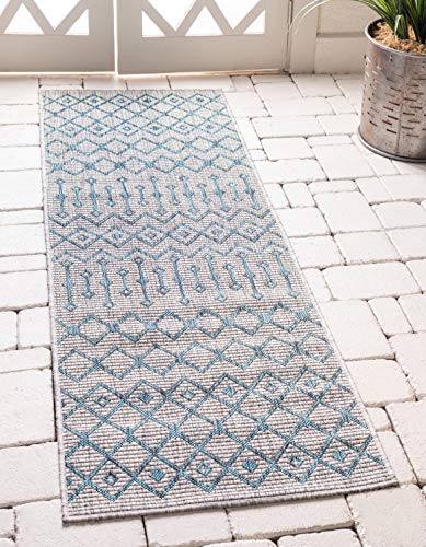 Unique Loom Outdoor Trellis Collection Area Rug - Tribal Trellis (2' x 6' 1" Runner, Light Blue/ Ivory) - color: Light Blue / Ivory, size: 2' x 6'1" (Runner)