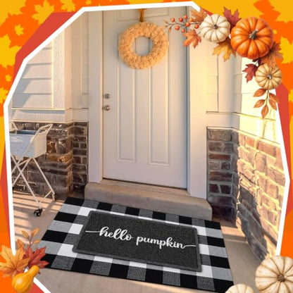 Geelin 2 Pcs Hello Pumpkin Doormat, Black and White Buffalo Plaid Rug Set - style: Hello Pumpkin