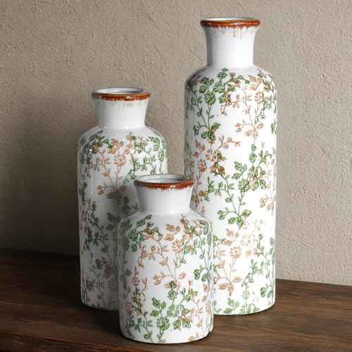 Brown and Green Ceramic Vase Set of 3, Vintage Botanical Vases for Decor - color: Green & Brown01