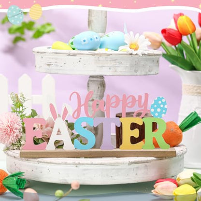 MiniInflat Happy Easter Metal Sign Rustic Table Decor Holiday Tiered Tray Decor with Wooden Base Freestanding Metal Word Sign for Home Tabletop Centerpiece Mantel Shelf Fireplace - style: Happy Easter