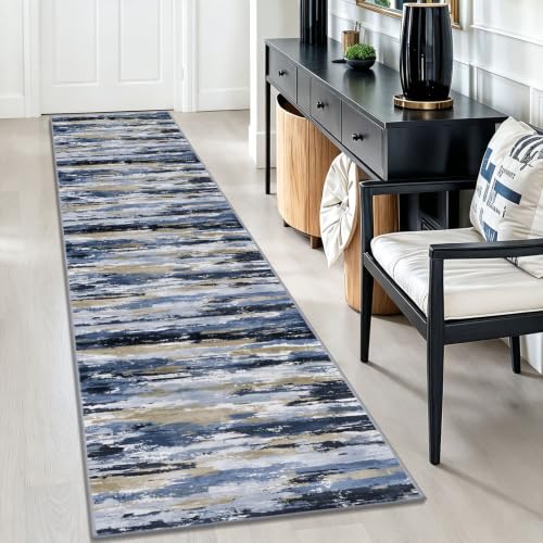 Abstract Washable Runners for Hallway 2x10 Runner Rug Non Slip | Navy Blue Multi;Thin Printed Faux Wool Extra Long Runner Rug;Rubber Backed Floor Carpet Runners 10ft;Non Skid Hall Runner - color: Navy / Blue / Taupe, size: 2' x 10' (Runner)