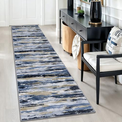 Abstract Washable Runners for Hallway 2x10 Runner Rug Non Slip - color: Navy / Blue / Taupe, size: 2' x 10' (Runner)